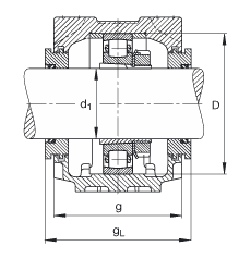 Стационарные корпуса SNV052-F-L + 20205K + H205 + TSV505, Основные размеры DIN 736/DIN 737, разъемные, для однорядных радиальных сферических роликоподшипников с коническим отверстием и закрепительной втулкой, с лабиринтными уплотнениями, под консистентную смазку и масло