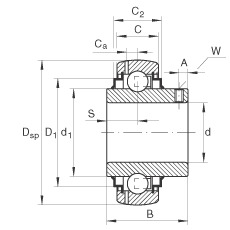 Закрепляемые подшипники GYE45-210-KRR-B, сферическое наружное кольцо, фиксация резьбовыми штифтами, двусторонние R-уплотнения