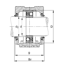 Стационарные корпуса SNV052-F-L + 1304 + DHV304, Основные размеры DIN 738/DIN 739, разъемные, для радиальных сферических шарикоподшипников с цилиндрическим отверстием, с уплотнениями с V-образным кольцом, под консистентную смазку и масло