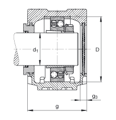 Стационарные корпуса SNV052-F-L + 1205K + H205X013 + TSV505X013, Основные размеры DIN 736/DIN 737, разъемные, для радиальных сферических шарикоподшипников с коническим отверстием и закрепительной втулкой, с лабиринтными уплотнениями, под консистентную смазку и масло