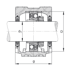 Стационарные корпуса SNV052-F-L + 1205K + H205X012 + FSV505X012, Основные размеры DIN 736/DIN 737, разъемные, для радиальных сферических шарикоподшипников с коническим отверстием и закрепительной втулкой, с войлочными уплотнениями, под консистентную смазку и масло