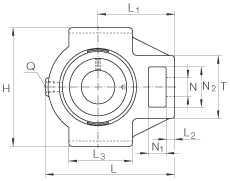 Подшипниковые узлы с корпусами-натяжителями RTUEY75, корпус из серого чугуна, закрепляемый подшипник с резьбовыми штифтами на внутреннем кольце, R-уплотнениями