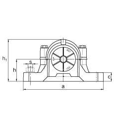 Стационарные корпуса SNV052-F-L + 22205-E1 + DH205, Основные размеры DIN 738/DIN 739, разъемные, для двухрядных радиальных сферических роликоподшипников с цилиндрическим отверстием, с контактными уплотнениями с двумя кромками, под консистентную смазку и масло