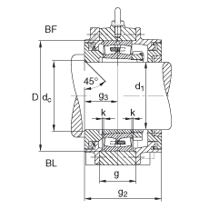 Стационарные корпуса BND3284-H-C-T-BF-S, неразъемные, для подшипников с коническим отверстием и закрепительной втулкой, для вала с заплечиками, с уплотнениями Taconite, под консистентную смазку