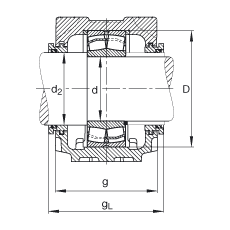 Стационарные корпуса SNV052-F-L + 21304 + TSV304, Основные размеры DIN 738/DIN 739, разъемные, для двухрядных радиальных сферических роликоподшипников с цилиндрическим отверстием, с лабиринтными уплотнениями, под консистентную смазку и масло