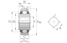 Закрепляемые подшипники GVK102-208-KTT-B-AH10-AS2/V, сферическое наружное кольцо, внутреннее кольцо с квадратным отверстием, двусторонние R-уплотнения