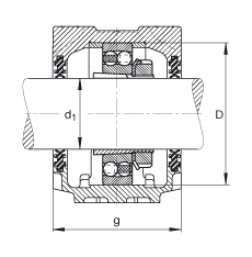 Стационарные корпуса SNV052-F-L + 1205K + H205X012 + DH505X012, Основные размеры DIN 736/DIN 737, разъемные, для радиальных сферических шарикоподшипников с коническим отверстием и закрепительной втулкой, с контактными уплотнениями с двумя кромками, под консистентную смазку и масло